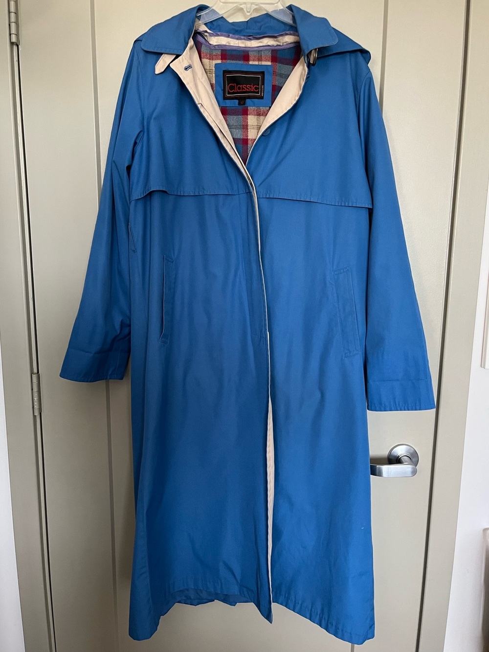 Vintage Classic Women's Bright Blue Trench Coat with Removable Plaid Lining